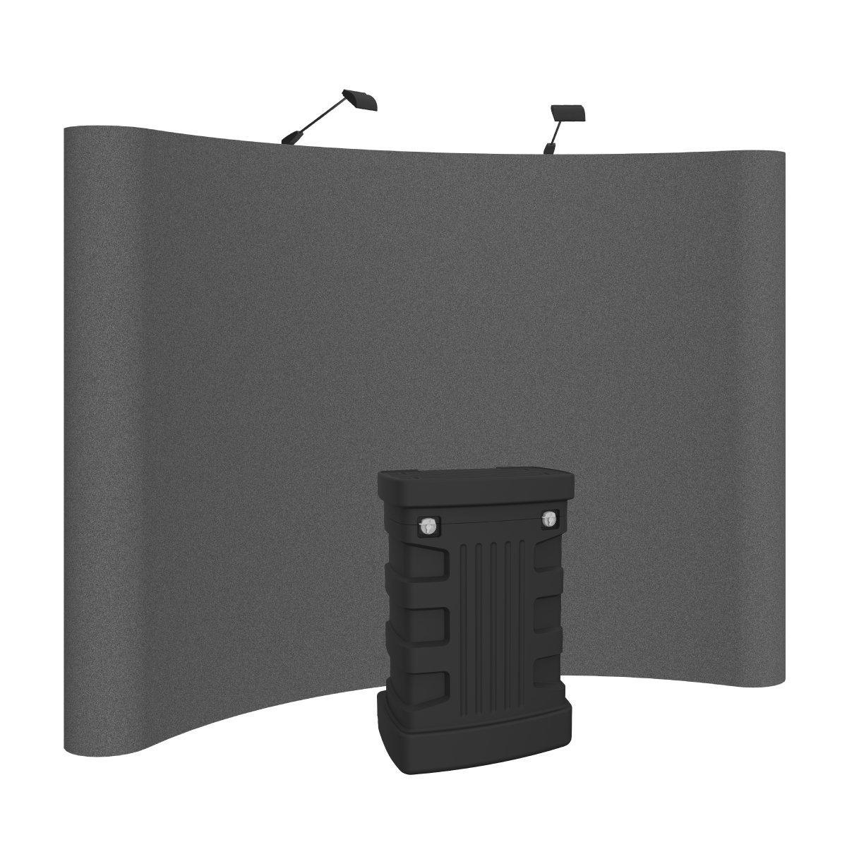 Curved fabric trade show display with hard case counter and overhead lights for exhibition booths