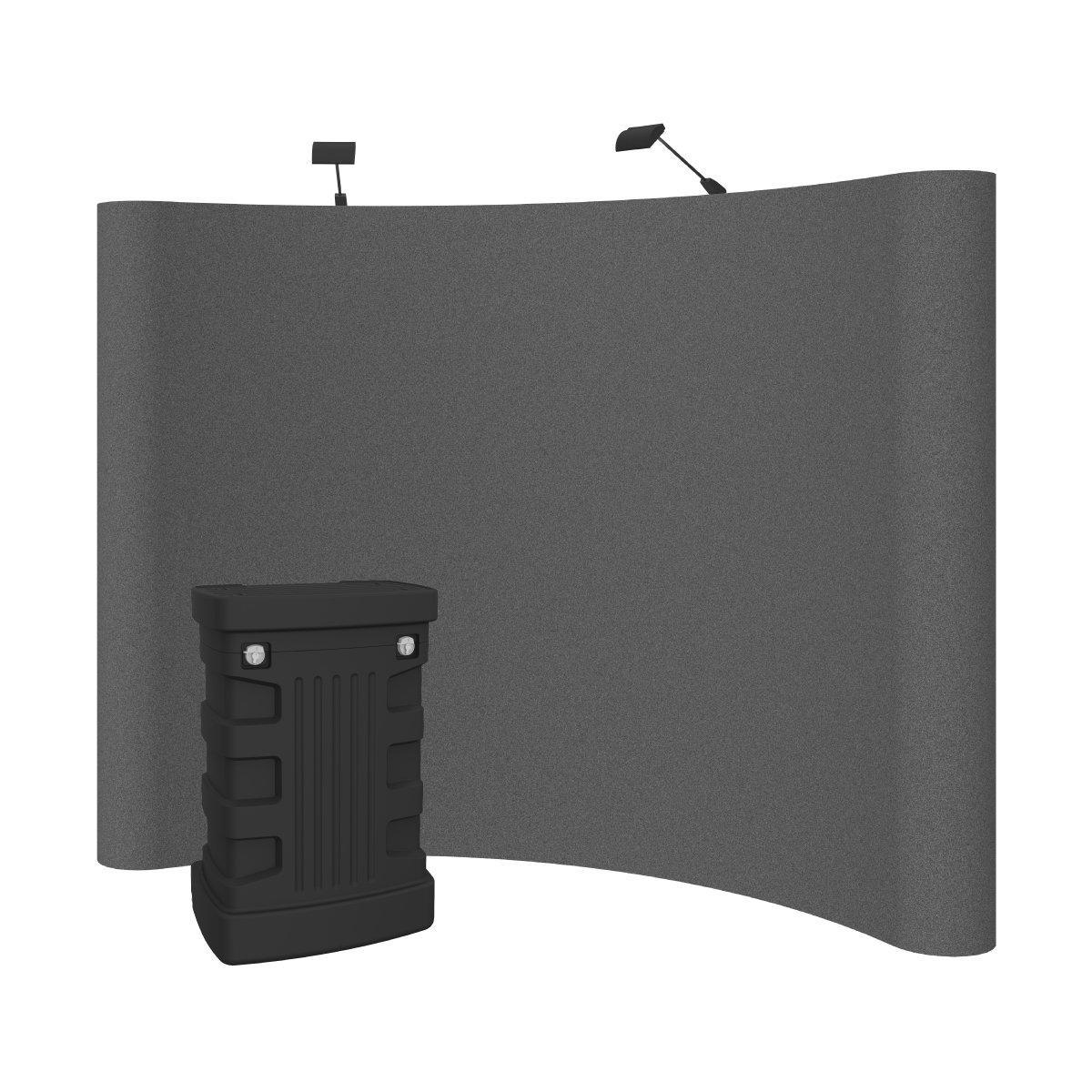 Curved fabric trade show display with portable podium and overhead lights for exhibitions
