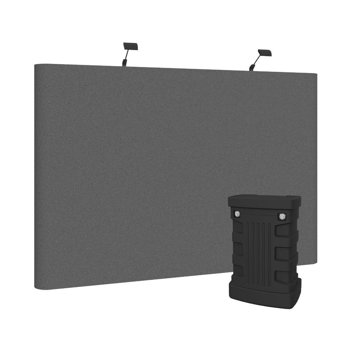 Curved fabric trade show display with hard case and mounted lights for exhibitions and events