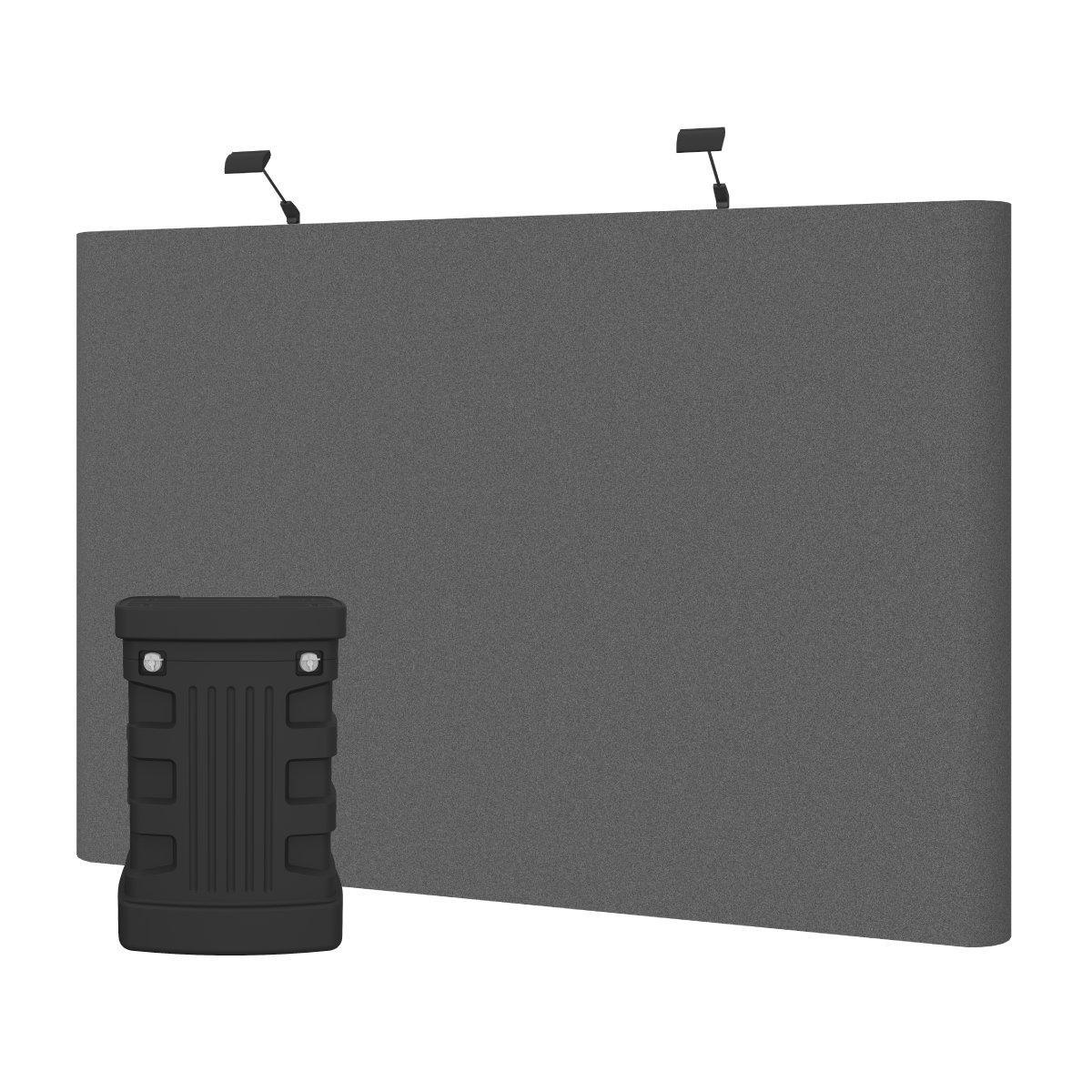 Curved fabric trade show display with case and overhead lights for exhibitions and events