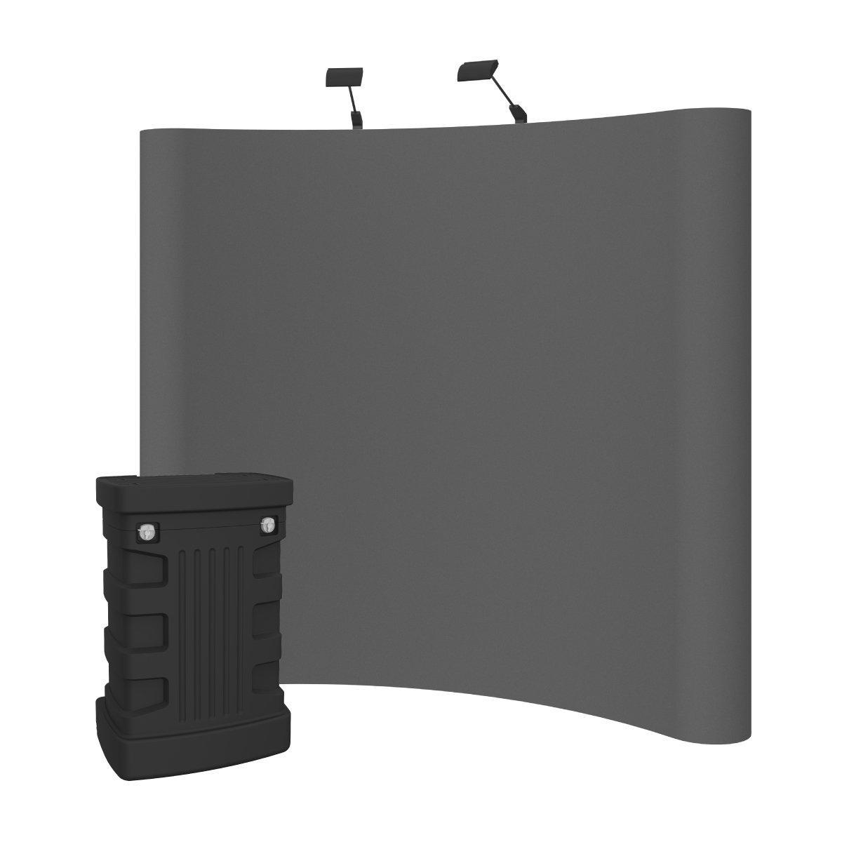 Curved fabric trade show display kit with podium and overhead lights for exhibitions and events