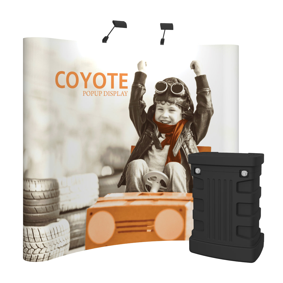 Curved popup display with joyful child image and small case for trade shows, exhibitions, and events