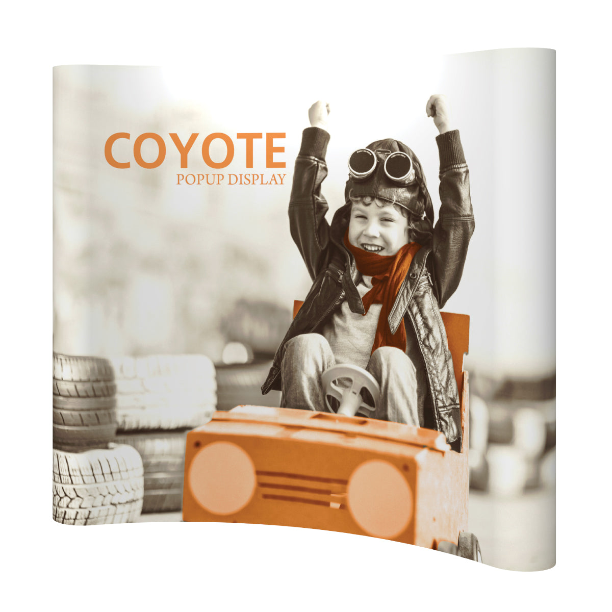 Curved popup display featuring a joyful child in aviator outfit driving a toy car, ideal for trade shows