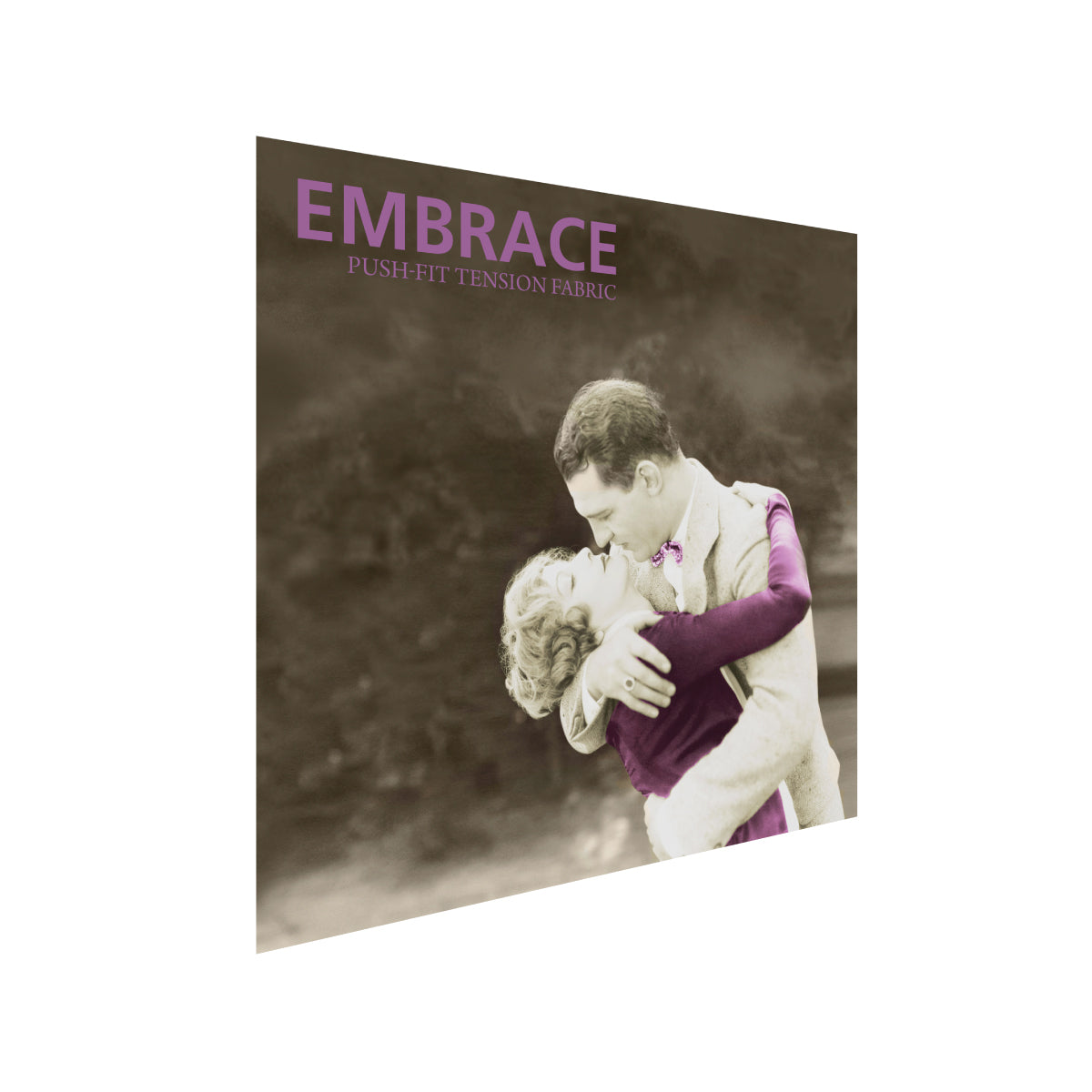 Extra tall trade show fabric display panel with vintage couple embracing image and branding