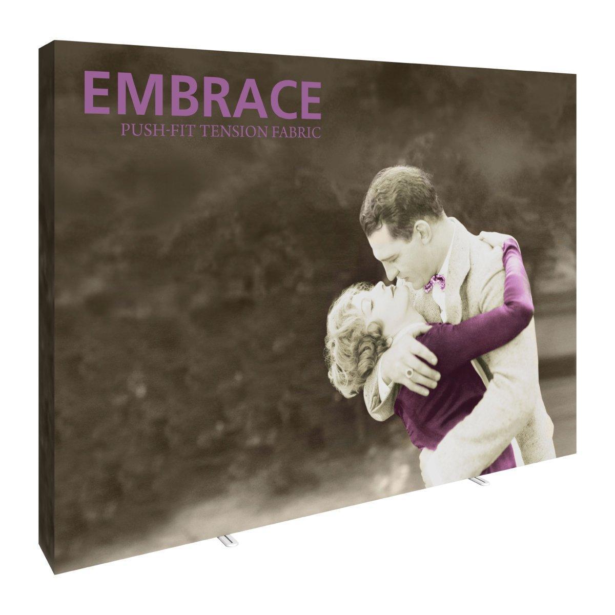 Large fabric tension display featuring vintage romantic embrace image for trade shows and exhibitions