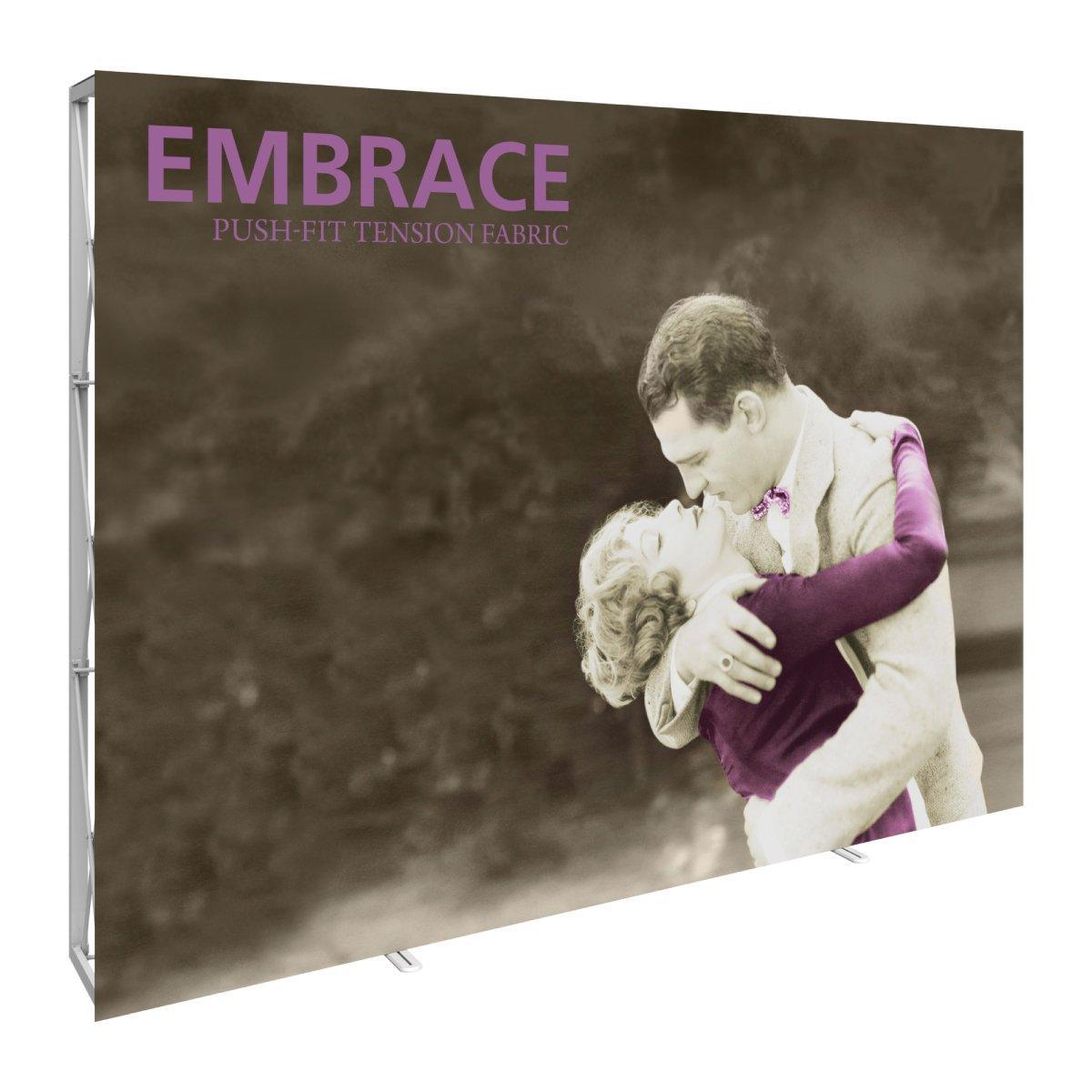 Large fabric tension display with vintage couple embrace image for trade show and exhibition backdrop