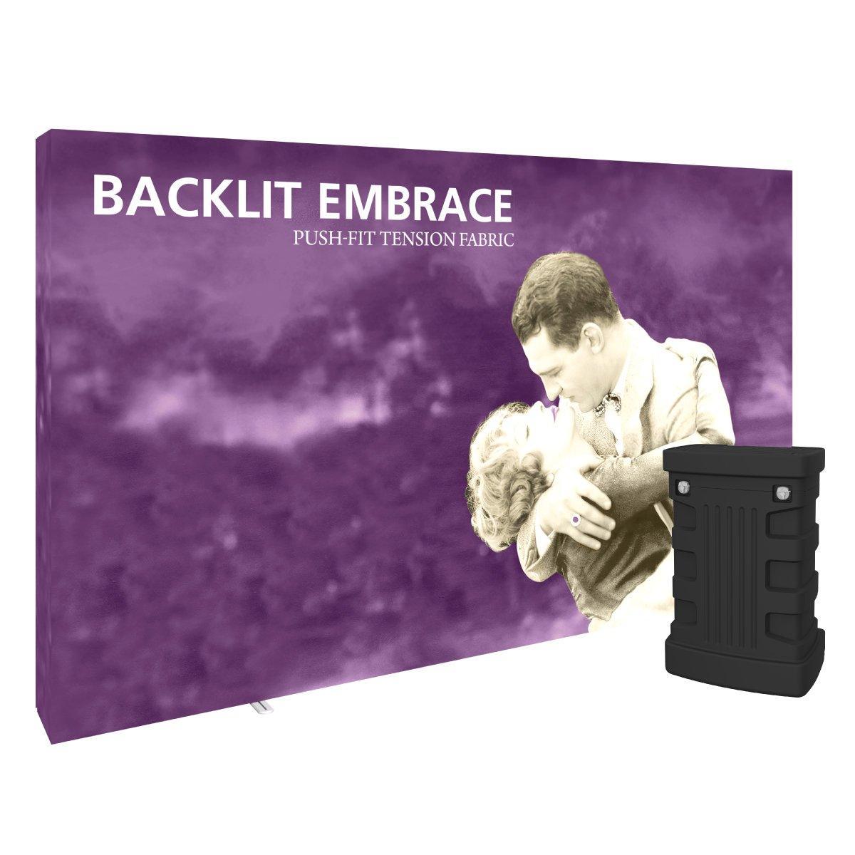Backlit embrace tension fabric display with push-fit frame for trade show exhibits and events