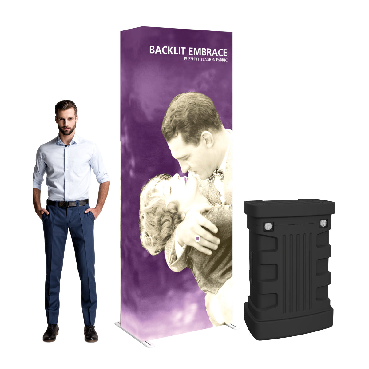 Backlit embrace push-fit tension fabric display with graphic and carrying case for trade shows