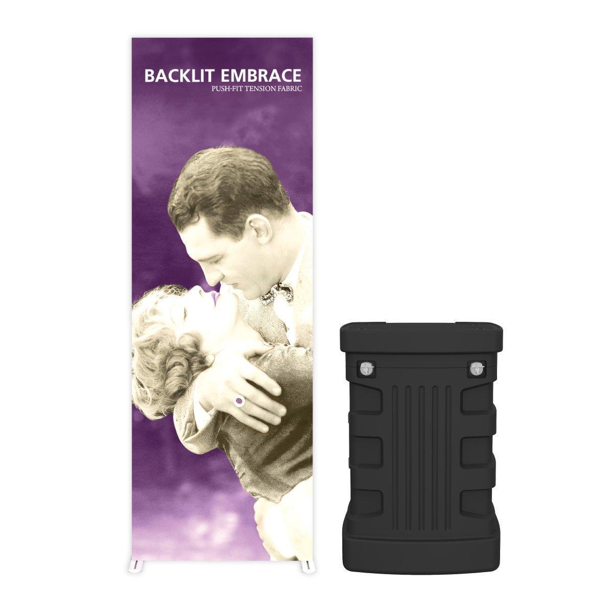 Backlit fabric display with vintage romantic image and carrying case for trade shows and exhibitions