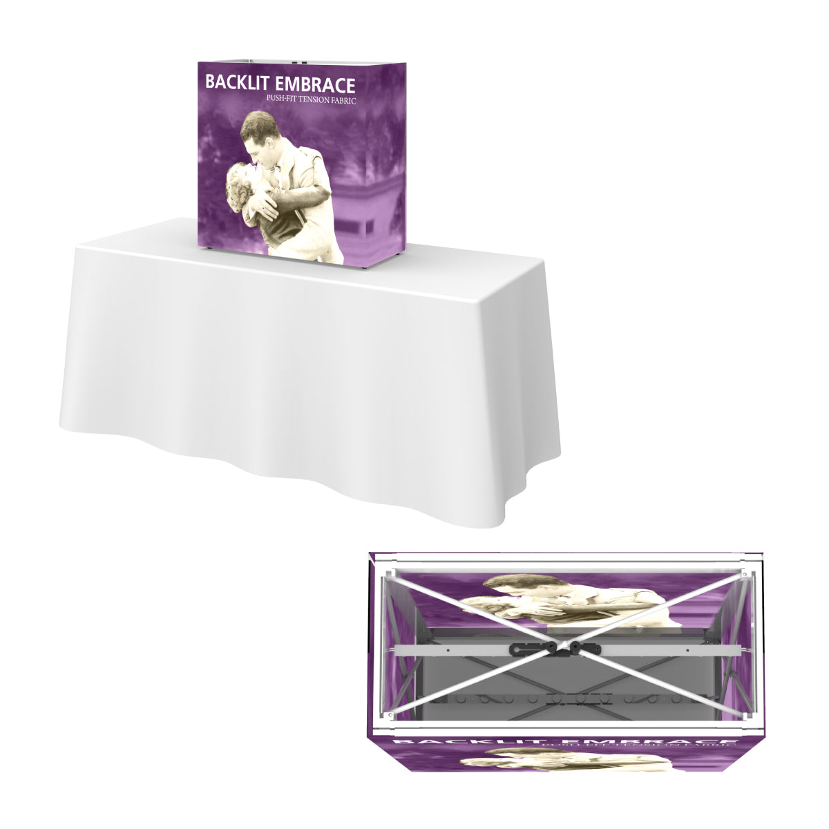 Backlit embrace tabletop display with push-fit tension fabric for trade shows and exhibitions on table