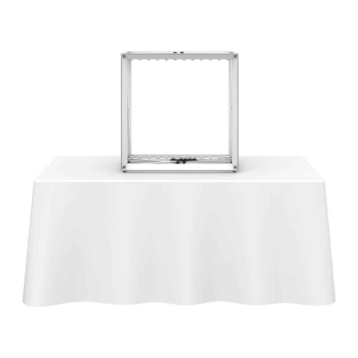 Backlit tabletop display frame on a table with tablecloth for trade shows and special events