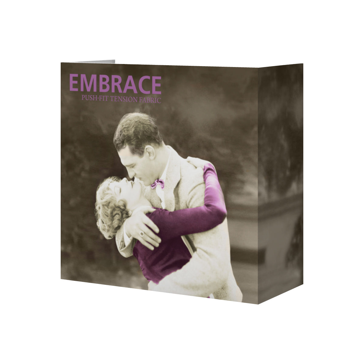 Embrace push-fit tension fabric tabletop display featuring vintage couple image for trade shows and exhibitions