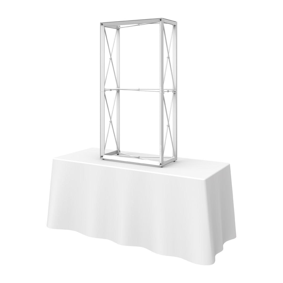 5ft extra tall tabletop display frame on covered table for trade shows and exhibitions