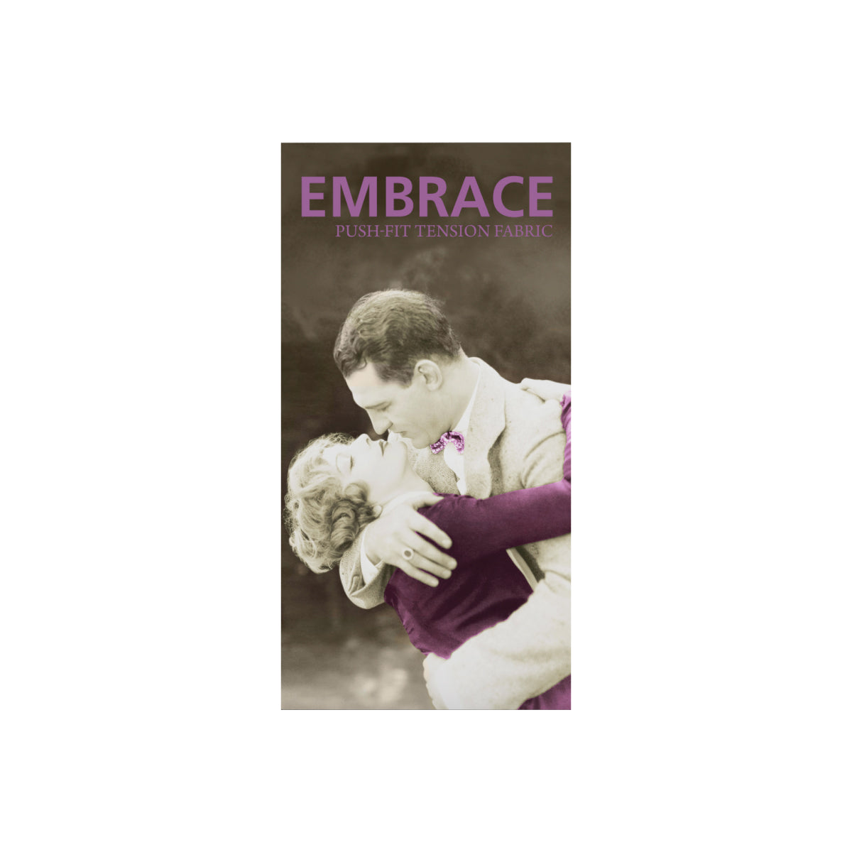 Trade show tabletop display with vintage romantic couple image and push-fit tension fabric graphics