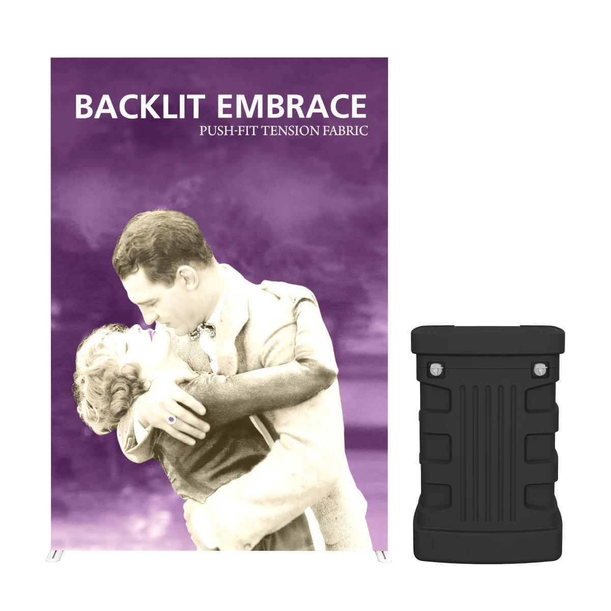 Backlit embrace fabric display with vintage couple image and travel case for trade shows and exhibitions