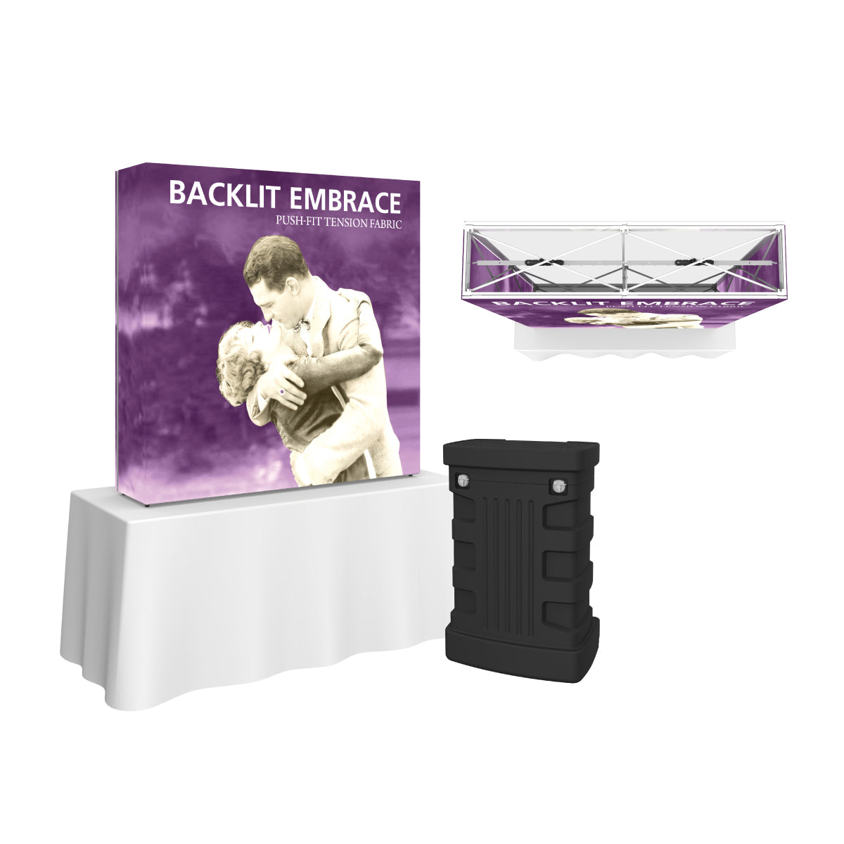 Backlit fabric trade show display with romantic graphic on tabletop and portable carrying case for events