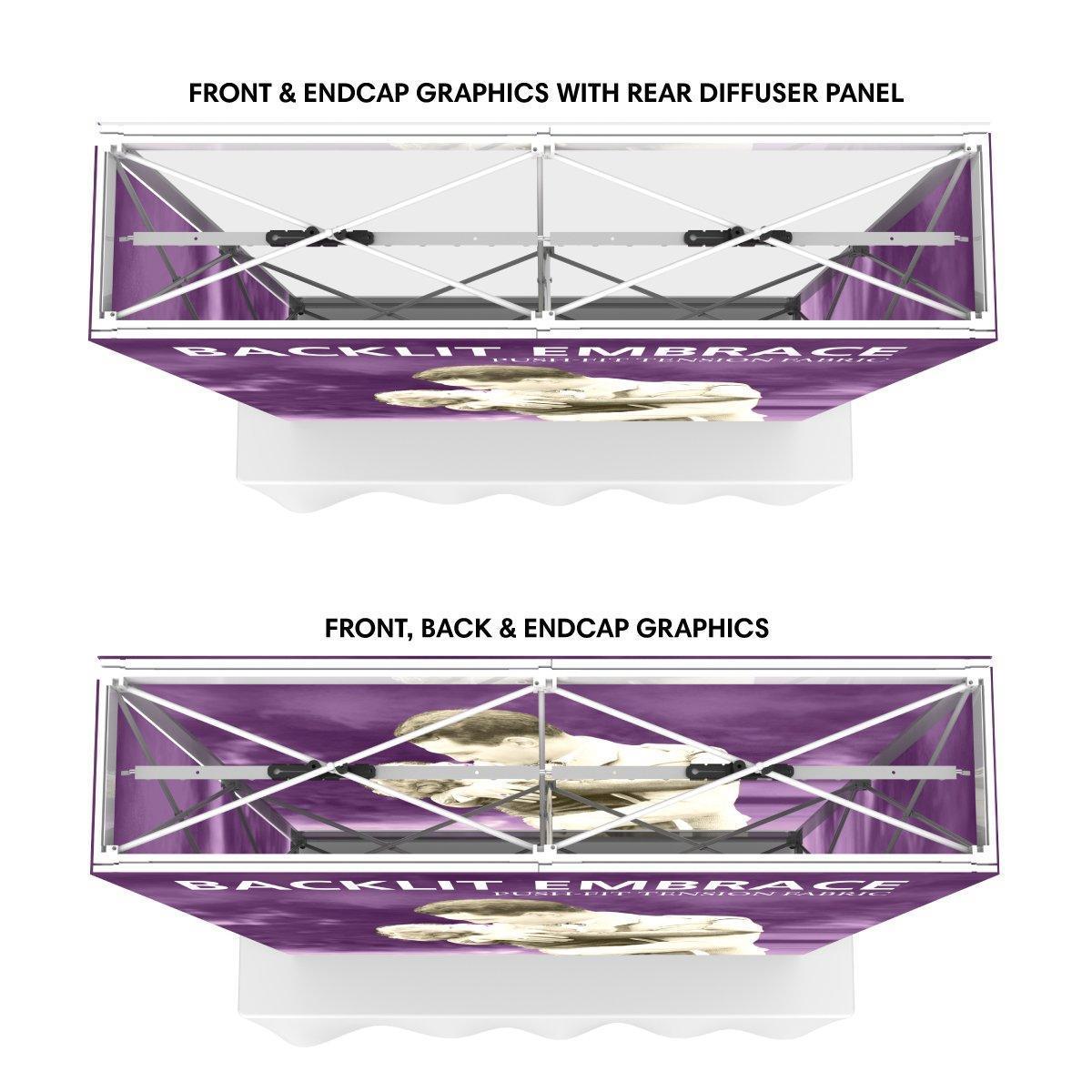 Backlit tabletop display with graphics for trade shows and exhibitions, showing frame structure and diffuser panel