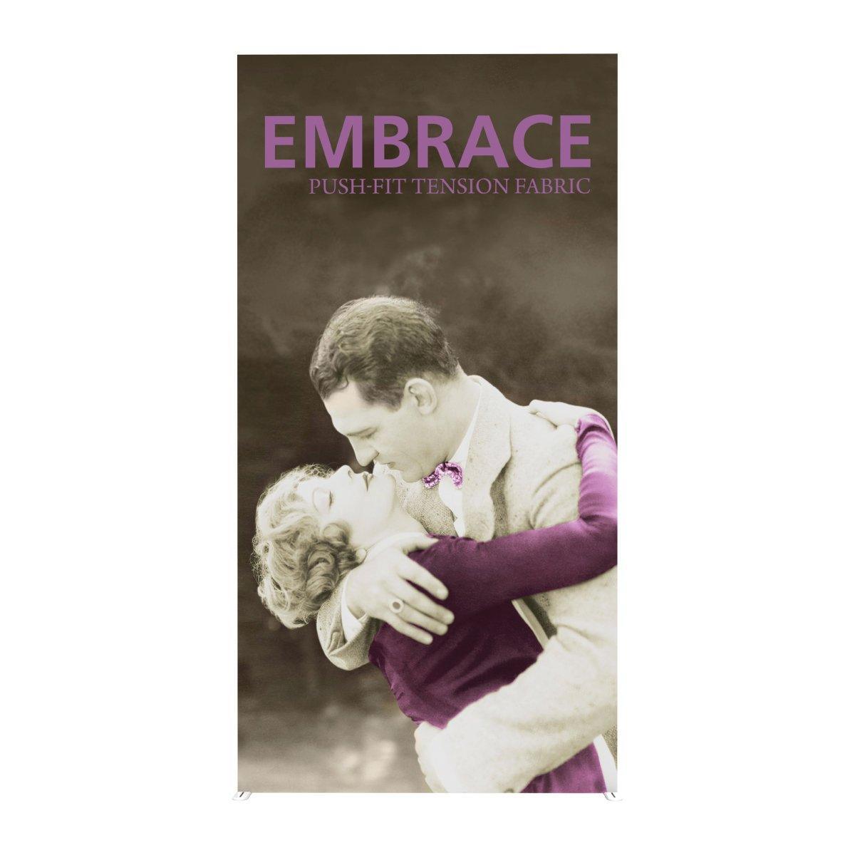 Tall fabric trade show display featuring vintage couple embracing with push-fit tension fabric