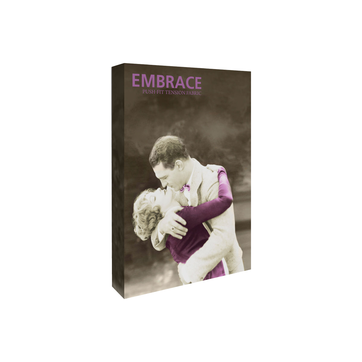 Embrace push-fit tension fabric display featuring romantic vintage couple image for trade shows and events