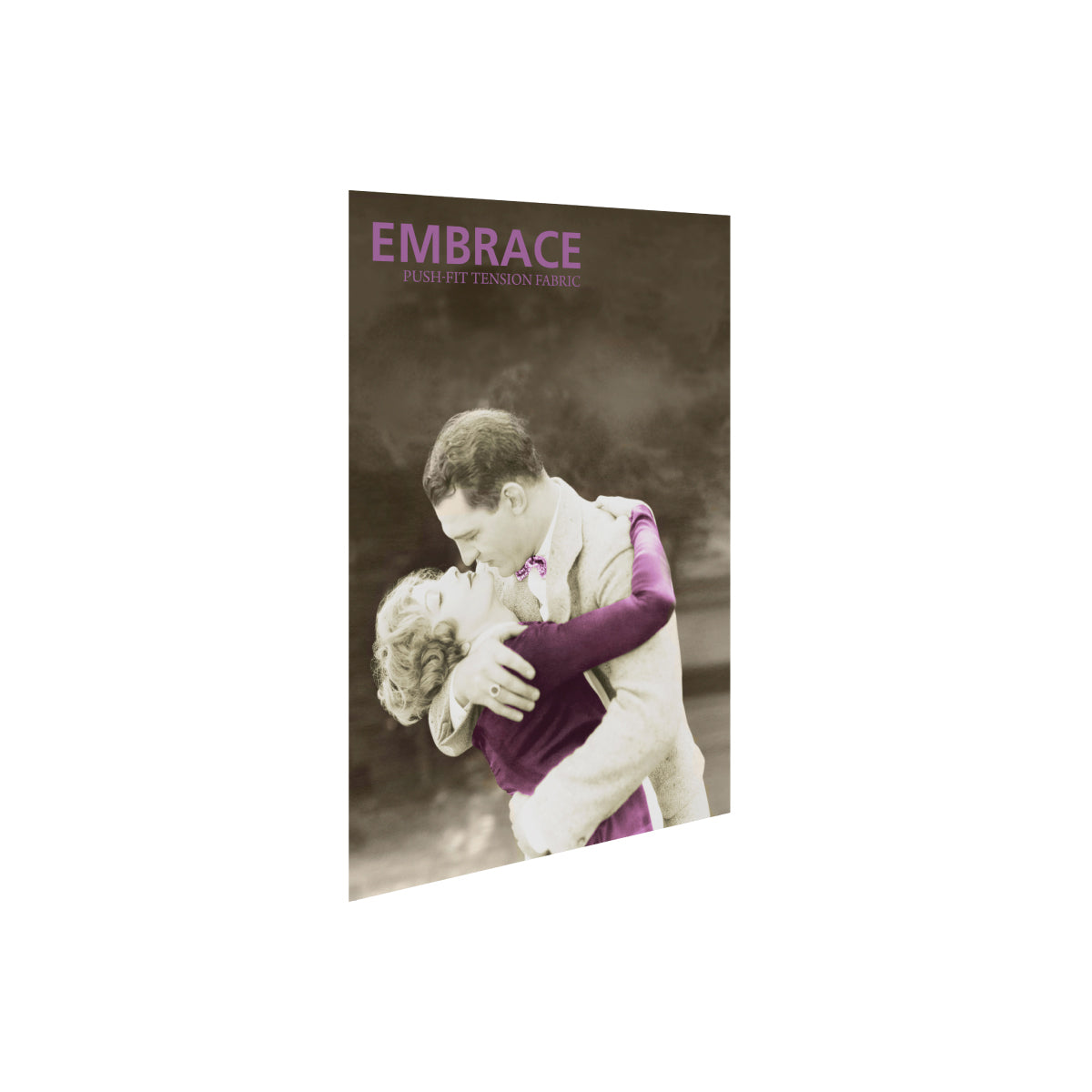 Embrace push-fit tension fabric display featuring vintage romantic couple for trade shows and exhibitions