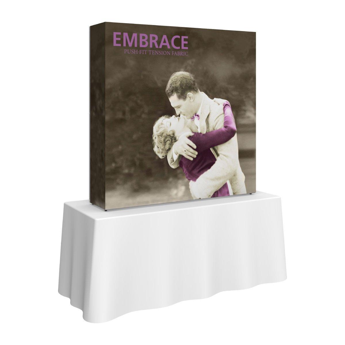 5ft tall tabletop display with vintage embrace photo on tension fabric for trade shows and events