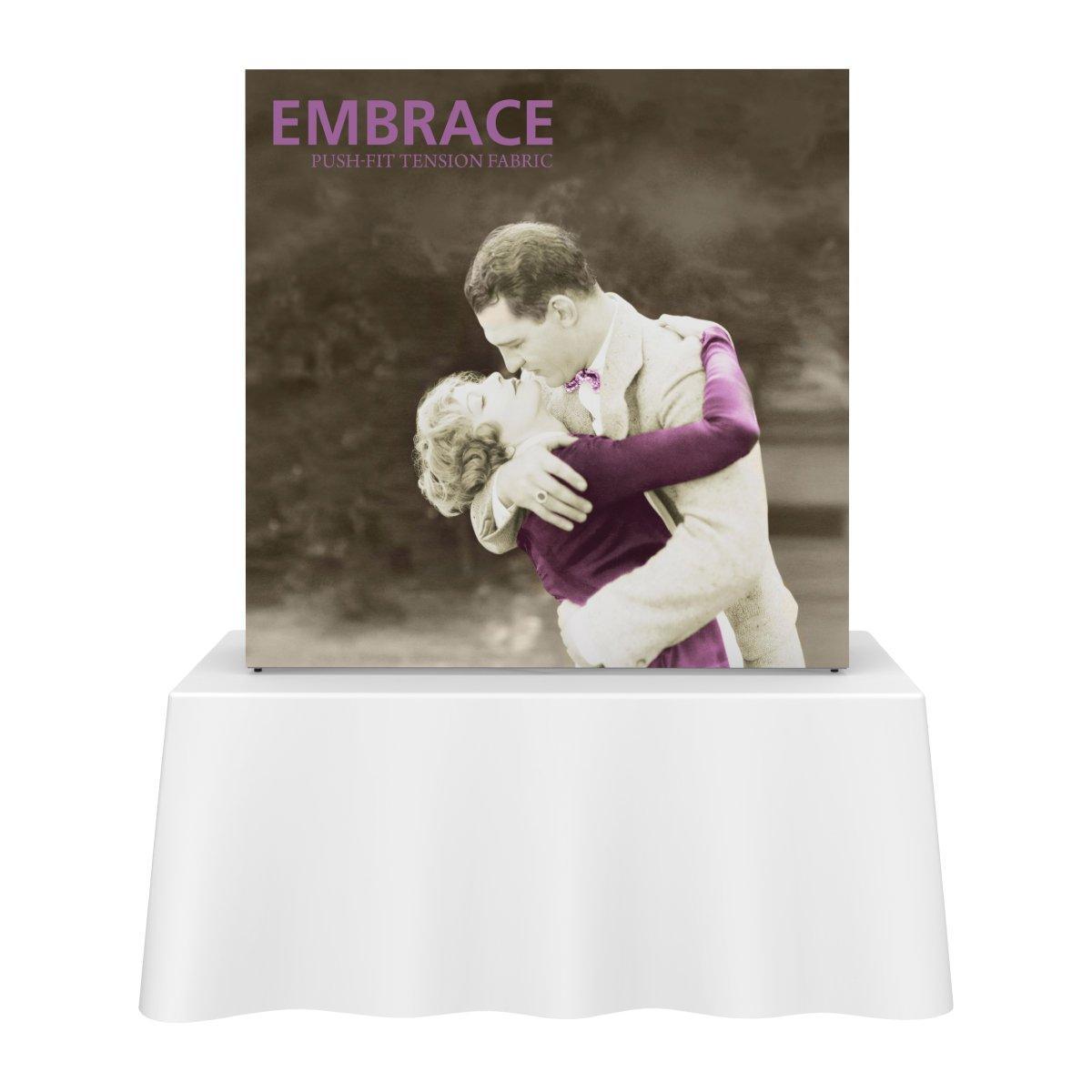 5ft tall tabletop trade show display with vintage couple embrace image and branded text