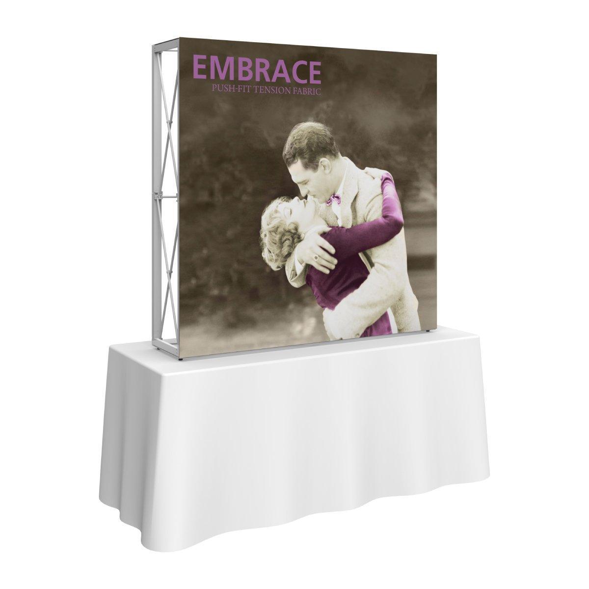 5ft tall tabletop display with push-fit tension fabric showing vintage embracing couple for trade shows and exhibitions