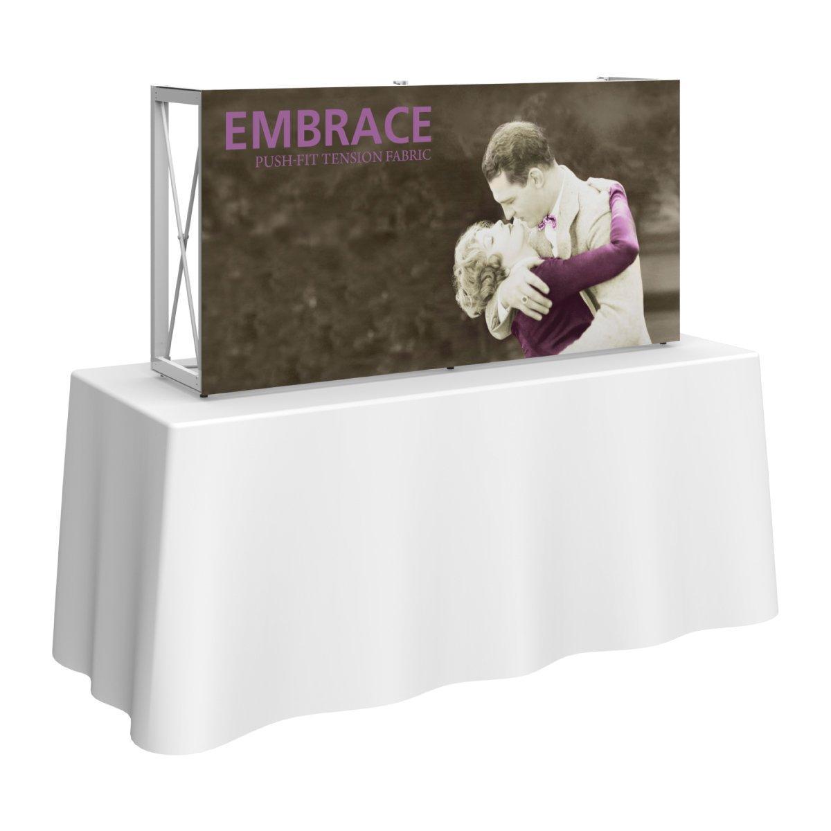 Tabletop display with push-fit tension fabric featuring vintage romantic embrace for trade shows and exhibitions