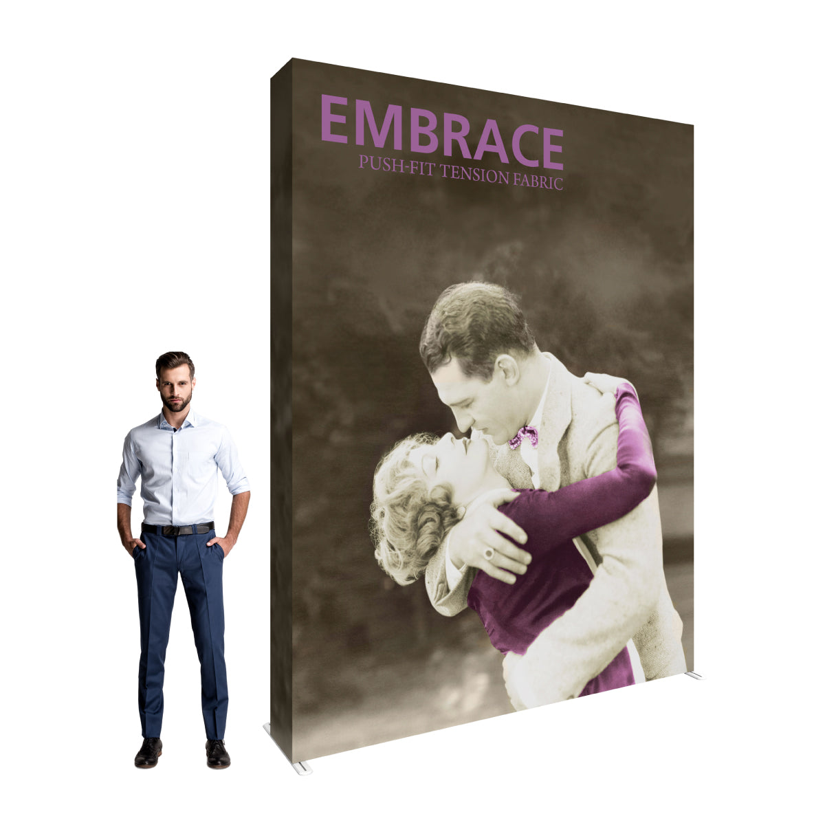 Extra tall fabric display with vintage couple image, ideal for trade shows and exhibitions
