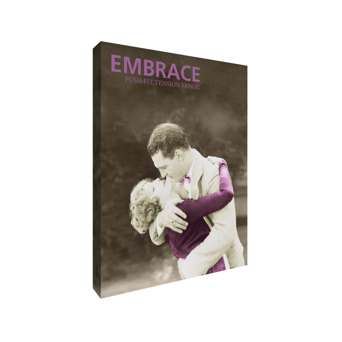 7.5ft extra tall framed fabric display for trade shows featuring vintage embrace image and push-fit tension fabric