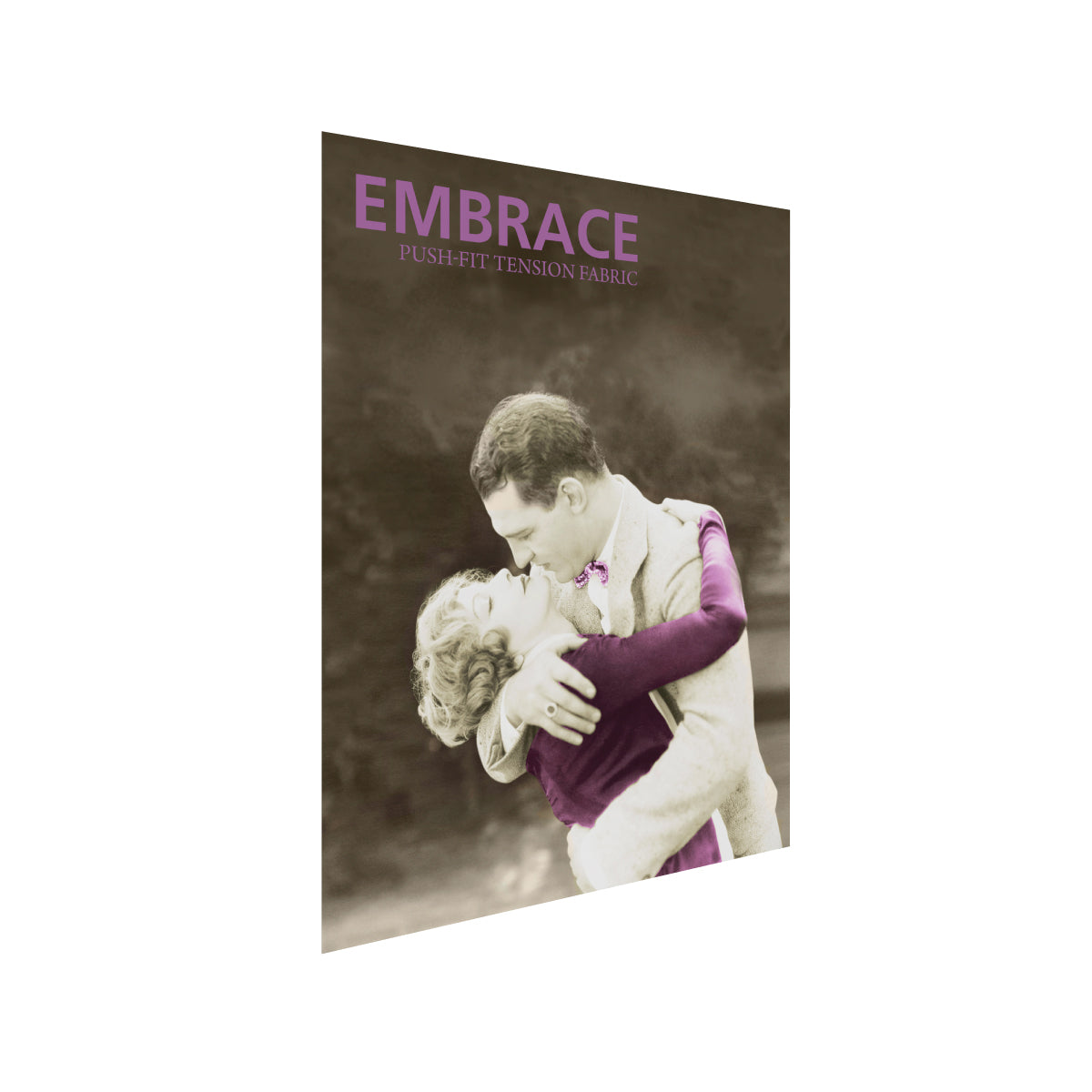 Tall fabric trade show display featuring vintage embrace photo with push-fit tension fabric graphics