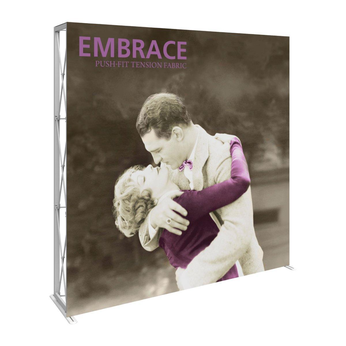 Trade show tension fabric display with vintage couple embracing graphic and branding
