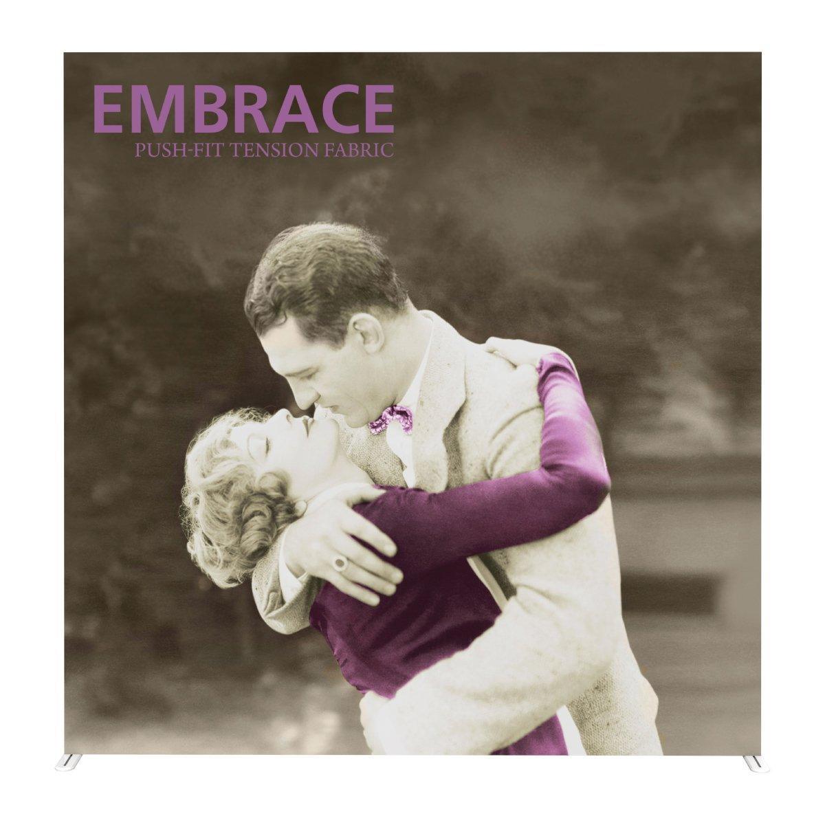 Large trade show fabric display featuring vintage image of embracing couple, ideal for events and exhibitions