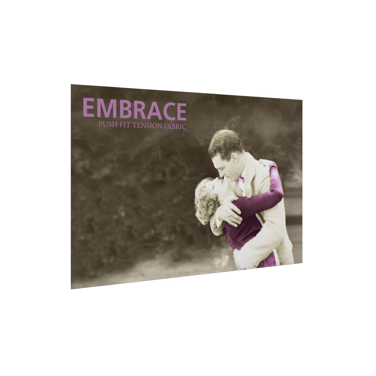 7.5ft tabletop display with tension fabric featuring vintage romantic couple image for trade shows and exhibitions