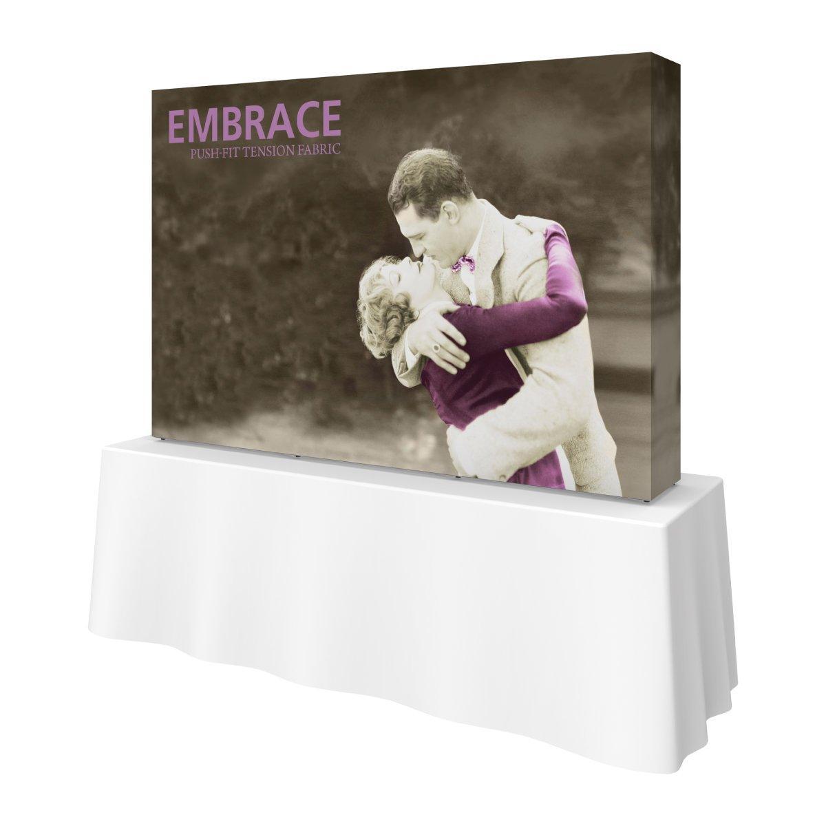 Trade show tabletop display featuring Embrace push-fit tension fabric with vintage couple image