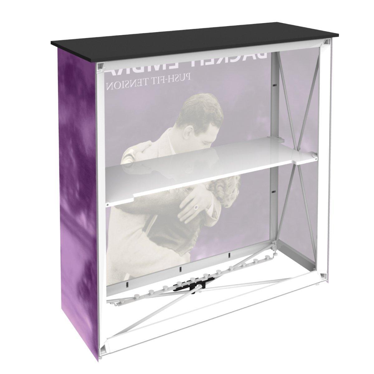 Backlit counter display with graphic panel featuring a couple embracing for trade shows and exhibitions
