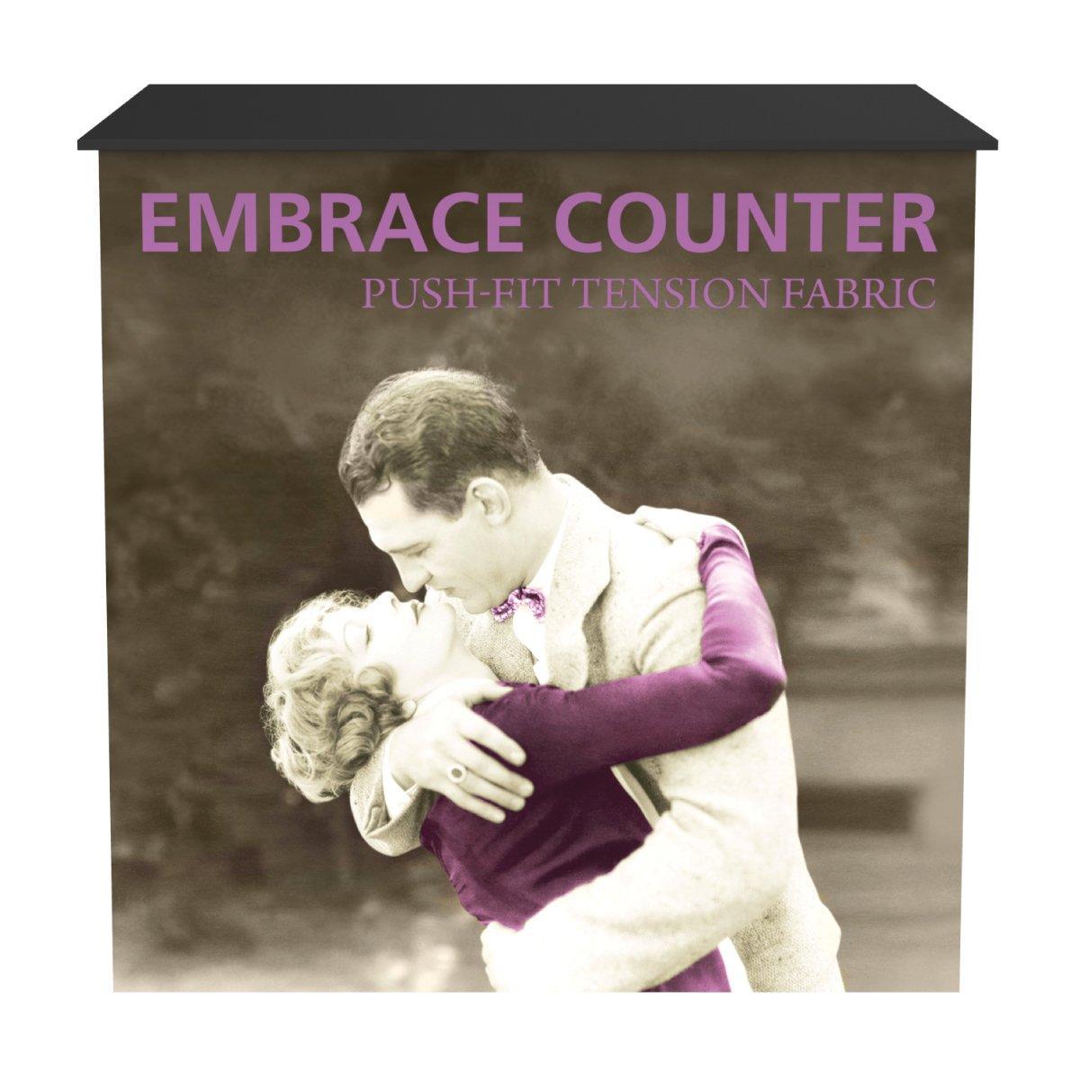 Trade show counter with printed fabric graphic featuring vintage romantic couple for exhibitions