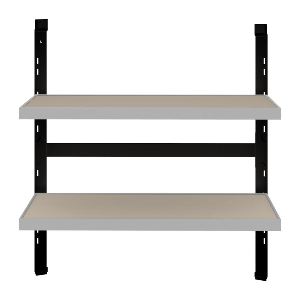 Double shelf kit mounted on vertical frame for trade show display and exhibition setup