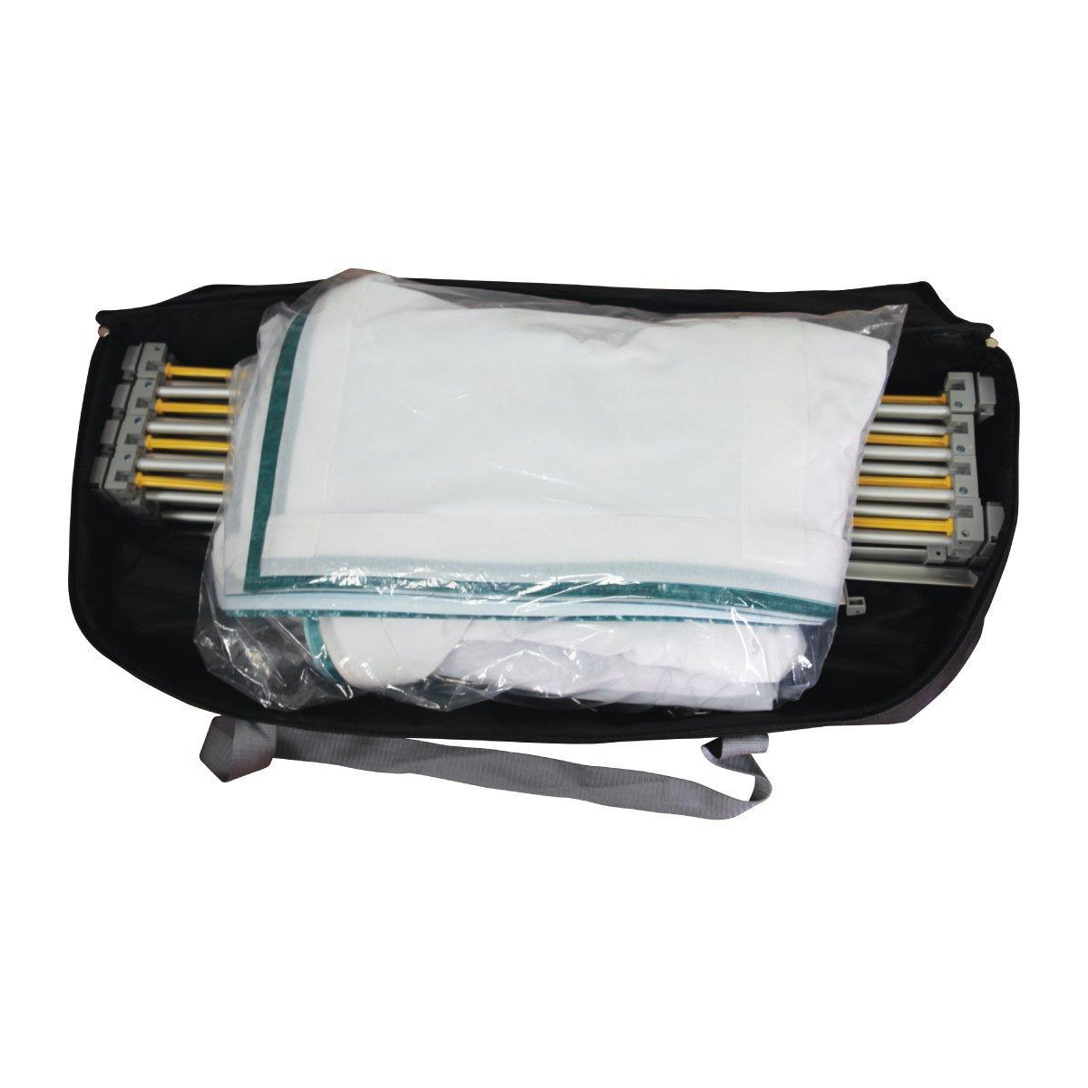 Folded trade show display frame and graphics packed inside a carrying bag for exhibitions and events