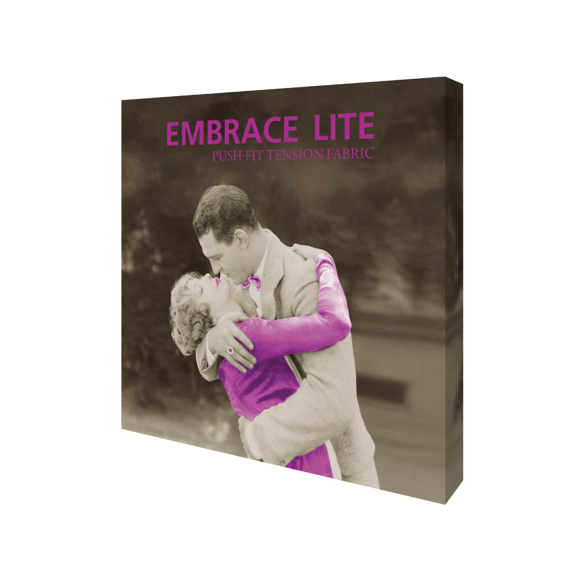 Trade show tension fabric display featuring vintage romantic couple image and branded header text