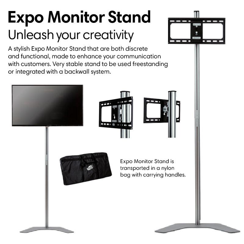 Expo monitor stand for trade shows and exhibitions with freestanding stable base and carrying bag