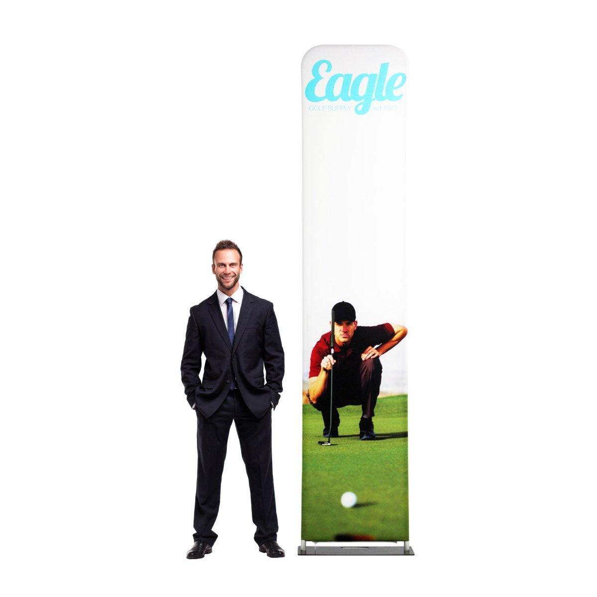 Tall fabric display with golf player image and logo, ideal for trade shows and exhibitions
