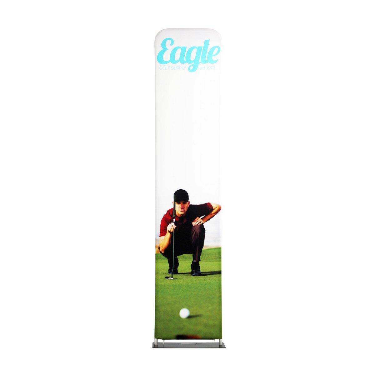 Tall fabric display banner featuring a golfer aligning a putt, ideal for trade shows and exhibitions