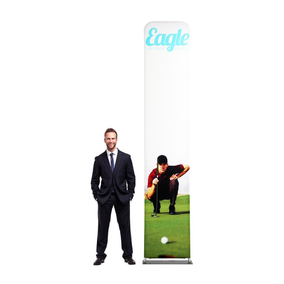 Fabric display banner with golf-themed graphics and logo, ideal for trade shows and exhibitions, standing next to a man in business suit