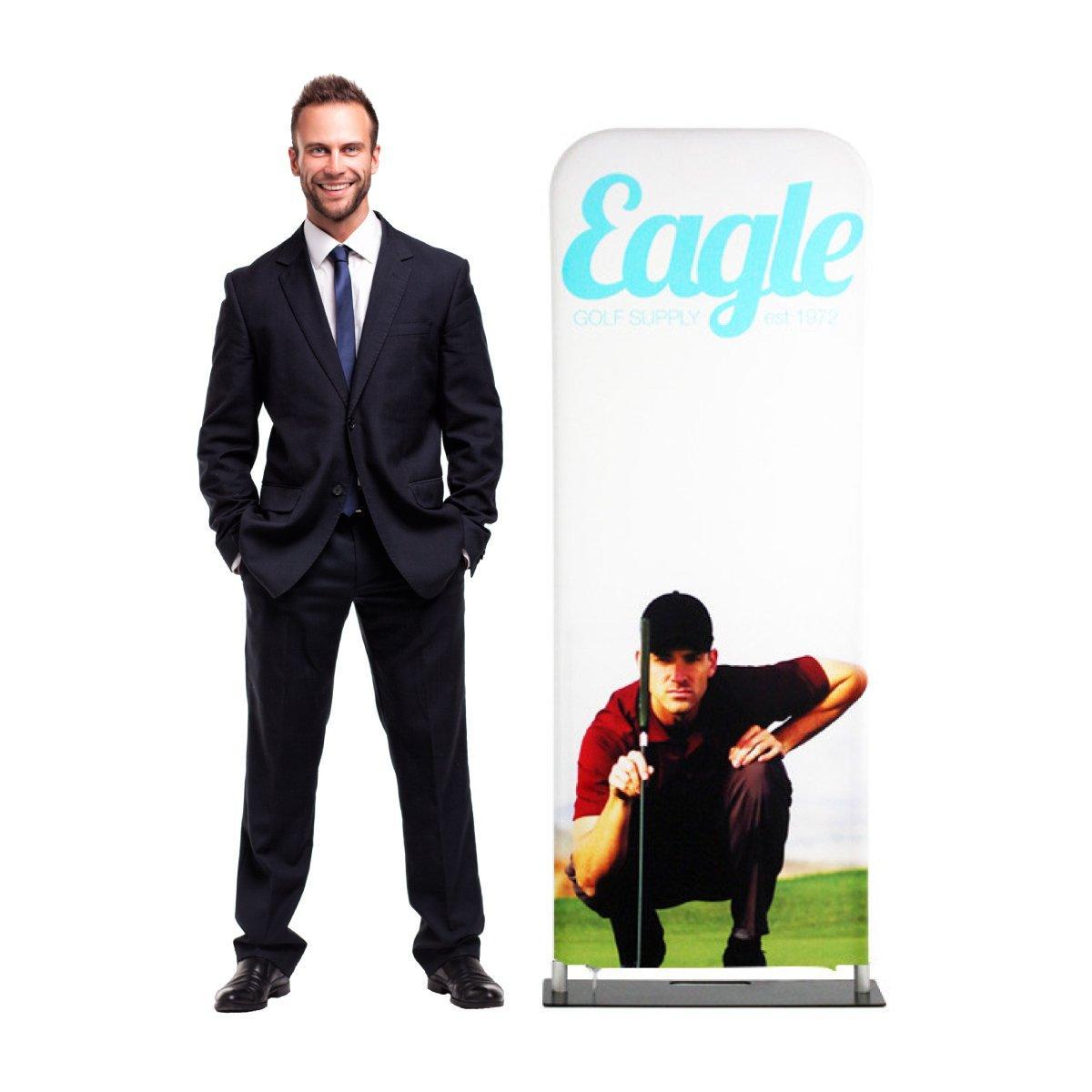 Portable fabric display with golf-themed graphics for trade shows and exhibitions, man in business suit standing beside it
