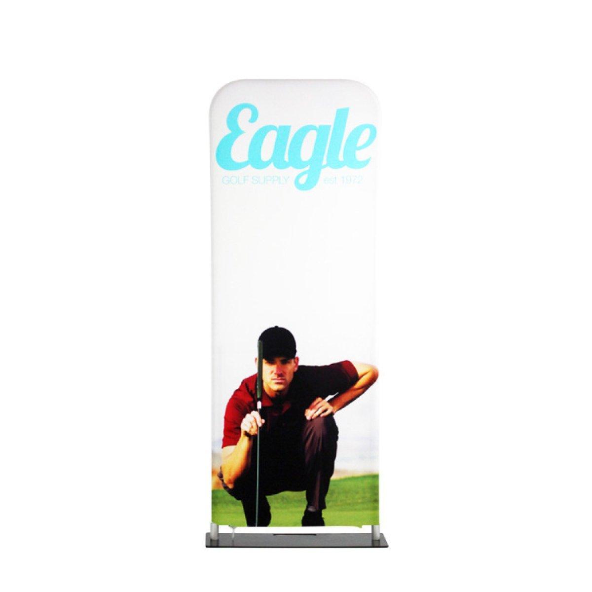 Tall fabric display banner featuring golfer image and Eagle Golf Supply logo for trade shows and events