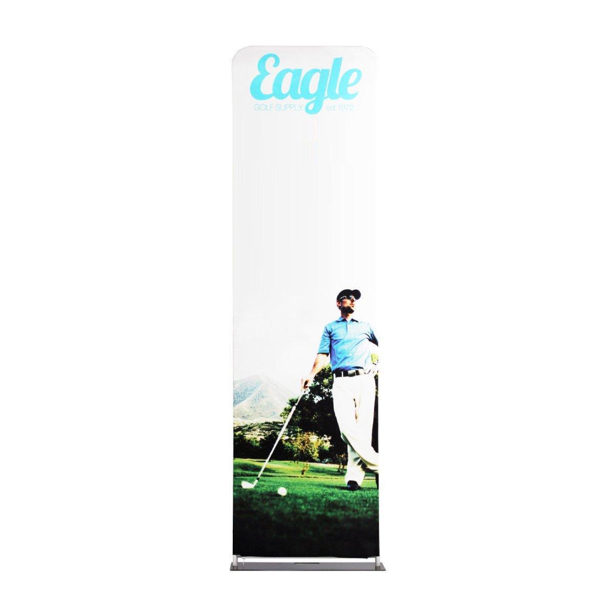 Tall fabric display banner for trade shows featuring a golfer on a green golf course with mountain background