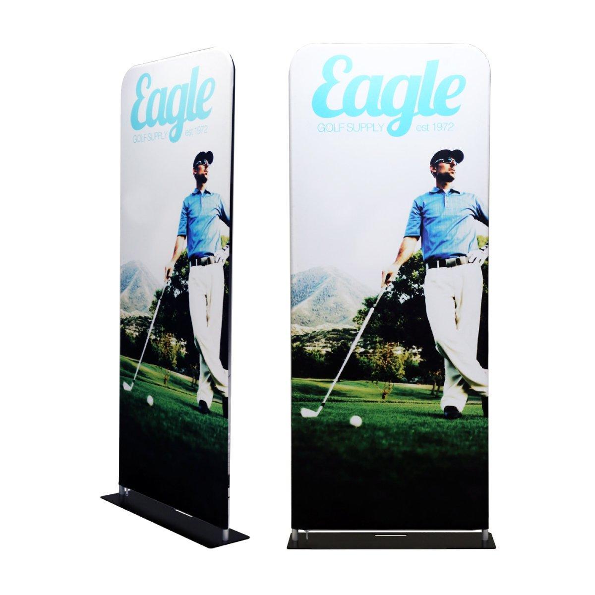 Freestanding fabric display stand featuring golf-themed graphic for trade shows and exhibitions