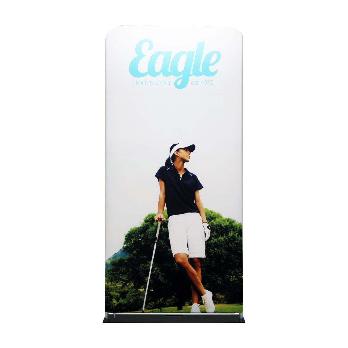 Tall fabric display panel showcasing golf-themed marketing graphics ideal for trade shows and exhibitions