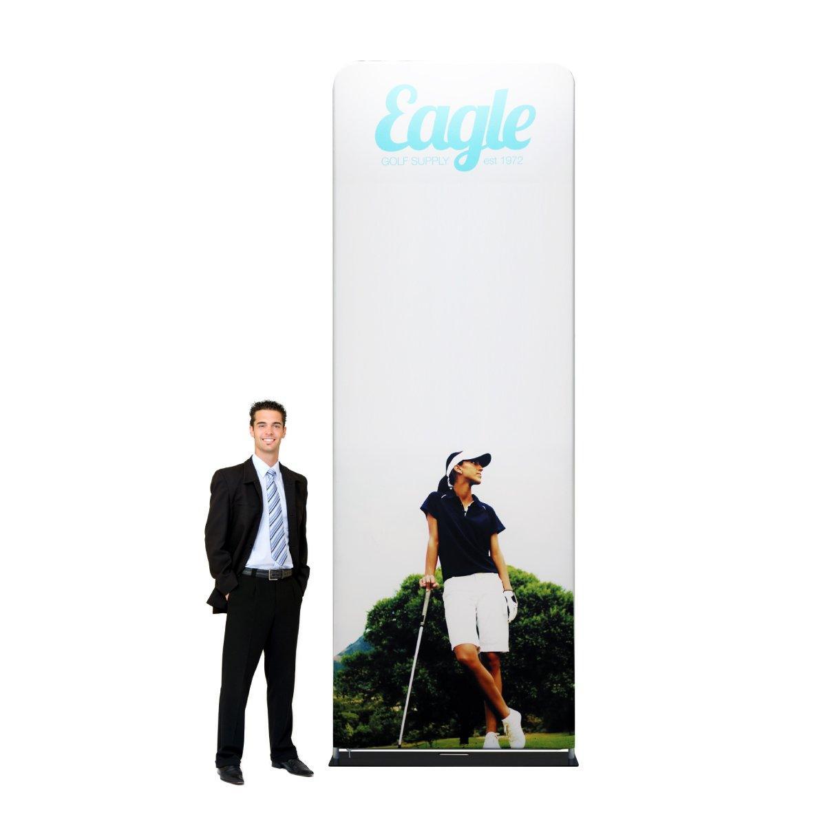 Tall fabric retractable trade show banner with golf-themed graphic and company logo for exhibitions and events